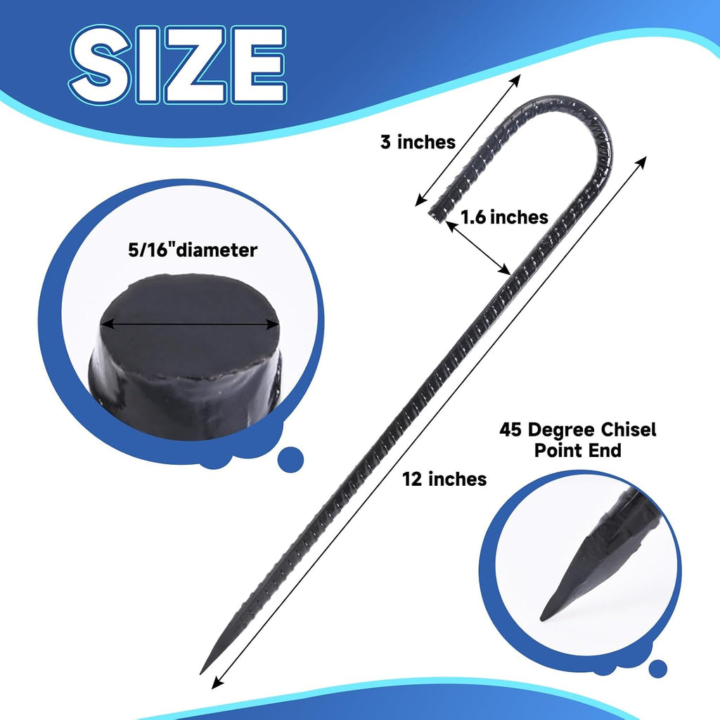 Homwin 12 Inch Heavy Duty Rebar Stakes, 20-Pack Galvanized Steel J Hook Tent Stakes for Outdoor Decorations, Inflatables, Fencing, Gardening, Gazebo and Swing Set Anchors