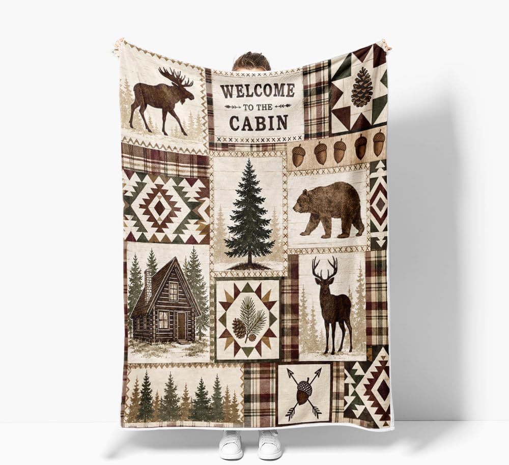 Rustic Cabin Throw Blanket, Welcome To The Cabin Moose Bear Plaid Decor