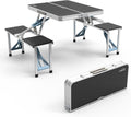 VINGLI 4Ft Portable Folding Picnic Table Camping Table Foldable Set with 4 Seats with Umbrella Hole Suitcase Card Table-220 Lbs Support Aluminum Frame, Plastic RV Tabletop for Yard, Travel-Blue