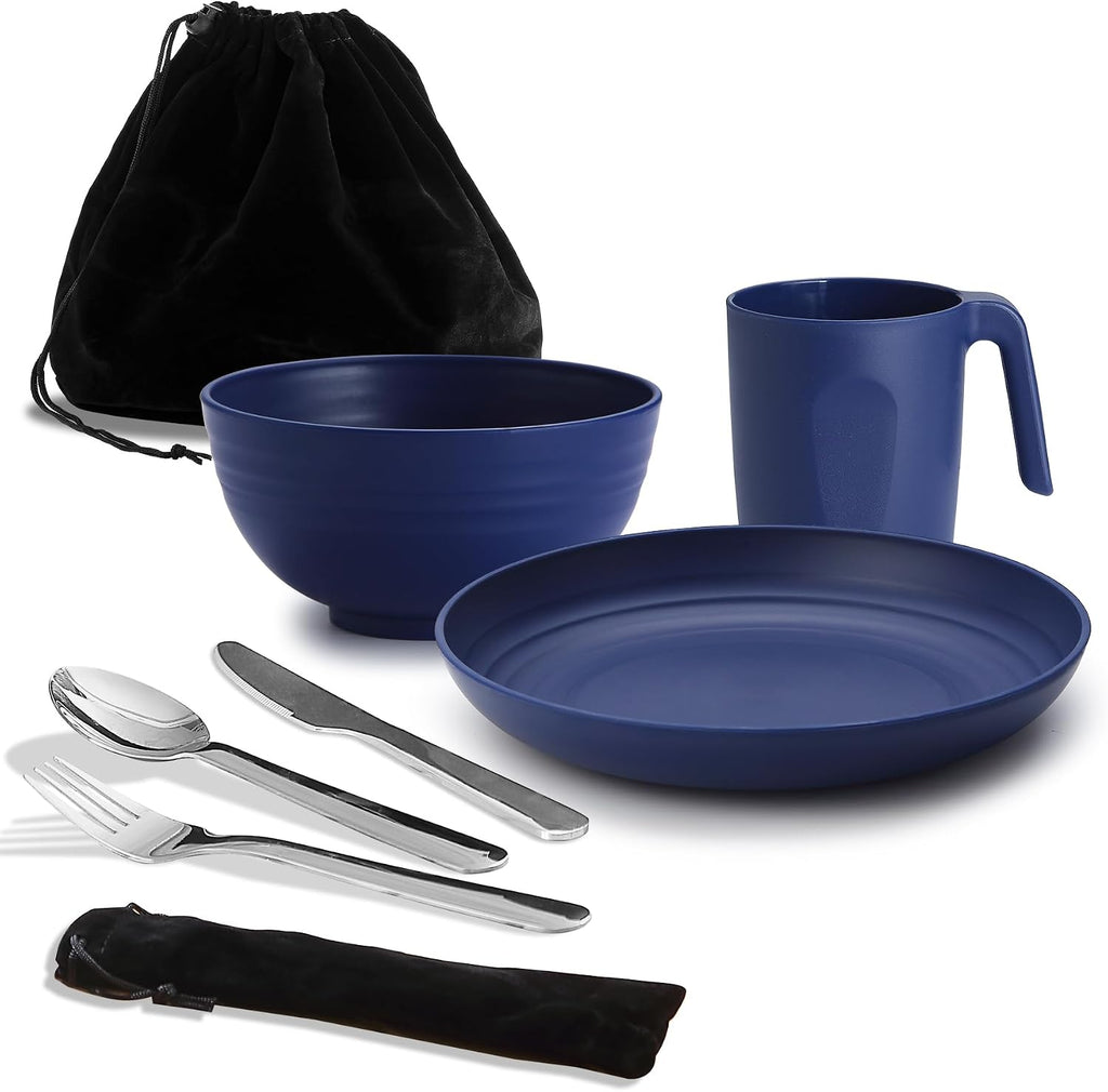 Camping Utensils, Reanea Camping Mess Kit for Travel, Camping, Picnic, Outdoor, Camping Gear Include Knife, Spoon, Fork Cutlery Set, Cup, Bowl, Plate, Camping Essentials for 1