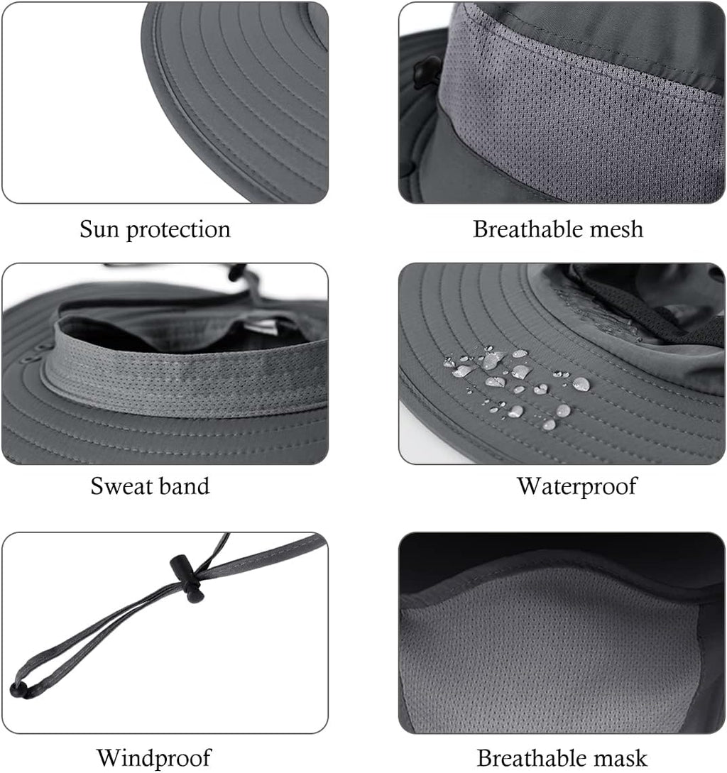 3 Pack Mens Outdoor Wide Brim Fishing Hat,UPF 50+ Sun Protection Cap with Face Neck Flap for Hiking & Garden