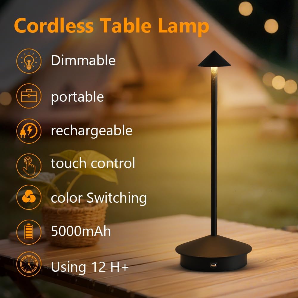 2 Pack LED Rechargeable Cordless Table Lamps,Portable Outdoor 5000mAh Battery Operated Table Light Touch Control 3 Color Dimmable for Patio/Cofee/Restaurant/Camping/Dining/Bedroom-Black