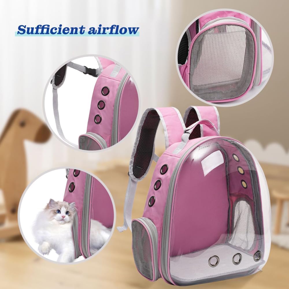 Vivicreate Large Cat Backpack Carrier for Travel and Hiking Transparent Pet Bubble Backpack for Cats up to 20lbs with Ventilation and Padded Straps Mochila para Gatos transportadora mascotas (Pink)
