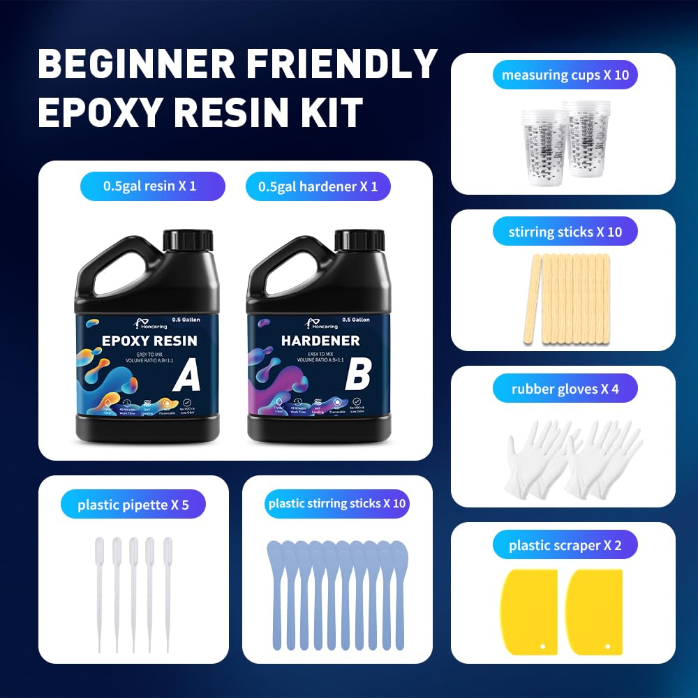 Honcaring Epoxy Resin 1 Gal Kit, Hard Type Epoxy Resin Kit, Less Bubble & Low Odor Resin Epoxy for Casting, Jewelry Making, Art Resin, Easy Mix Ratio 1:1 (0.5 Gallon×2)