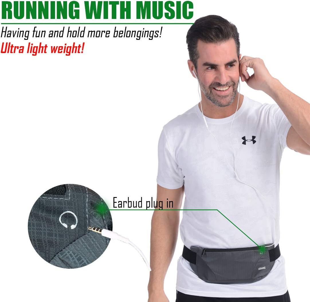 USHAKE Running Belt,Men or Women Ultra Light Bounce Free Waist Pouch Bag Fitness Workout Belt Sport Waist Pack Exercise Waist Bag for iPhone Samsung LG in Running Gym Marathon (Grey)