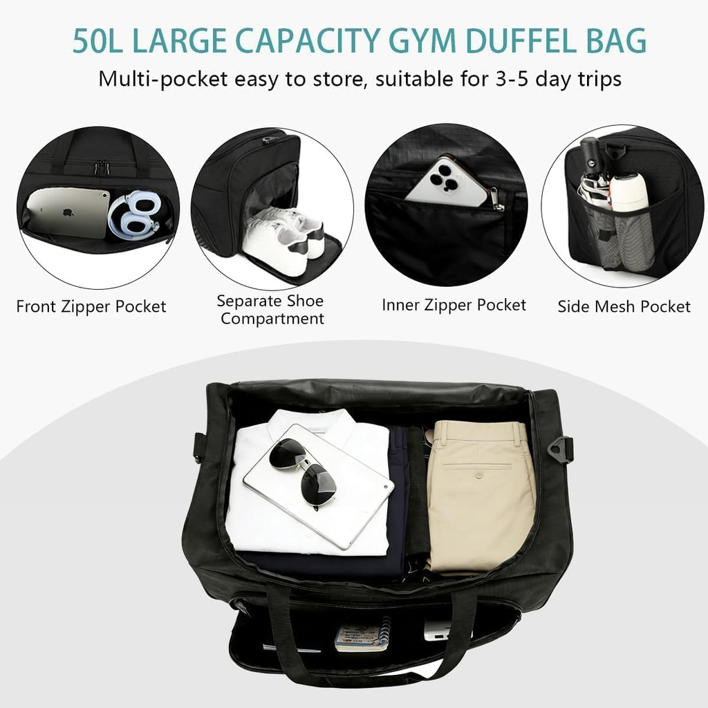 Urbanstand Gym Bag with Shoe Compartment - 50L Black Durable Large Duffle Bag for Travel, Weekender Carry On Duffel Bag for Men, Sports, Fitness & Workout