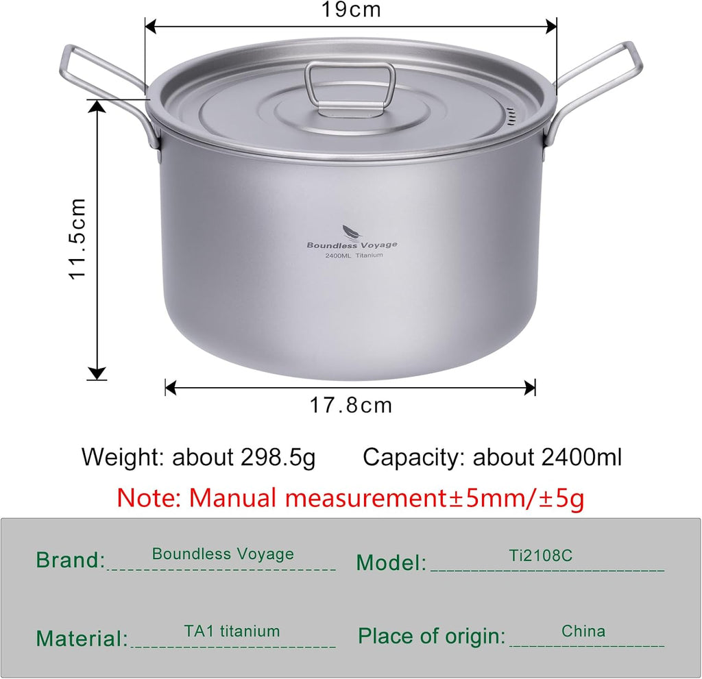 iBasingo 2.4L Titanium Pot with Lid Camping Cookware Ti2108C