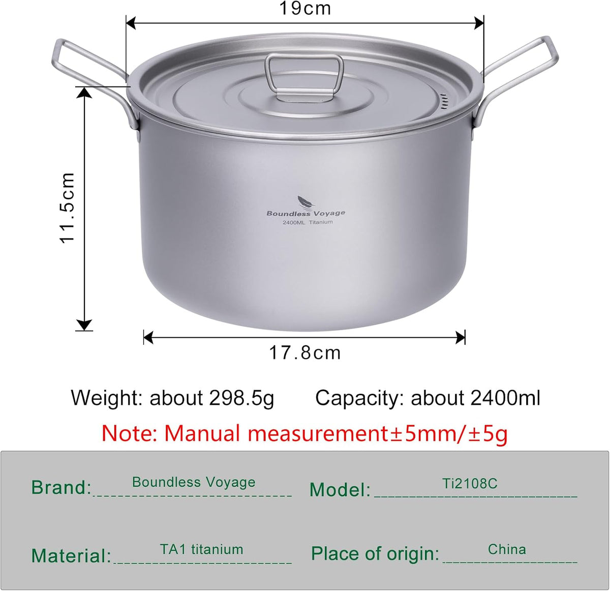 iBasingo 2.4L Titanium Pot with Lid Camping Cookware Ti2108C