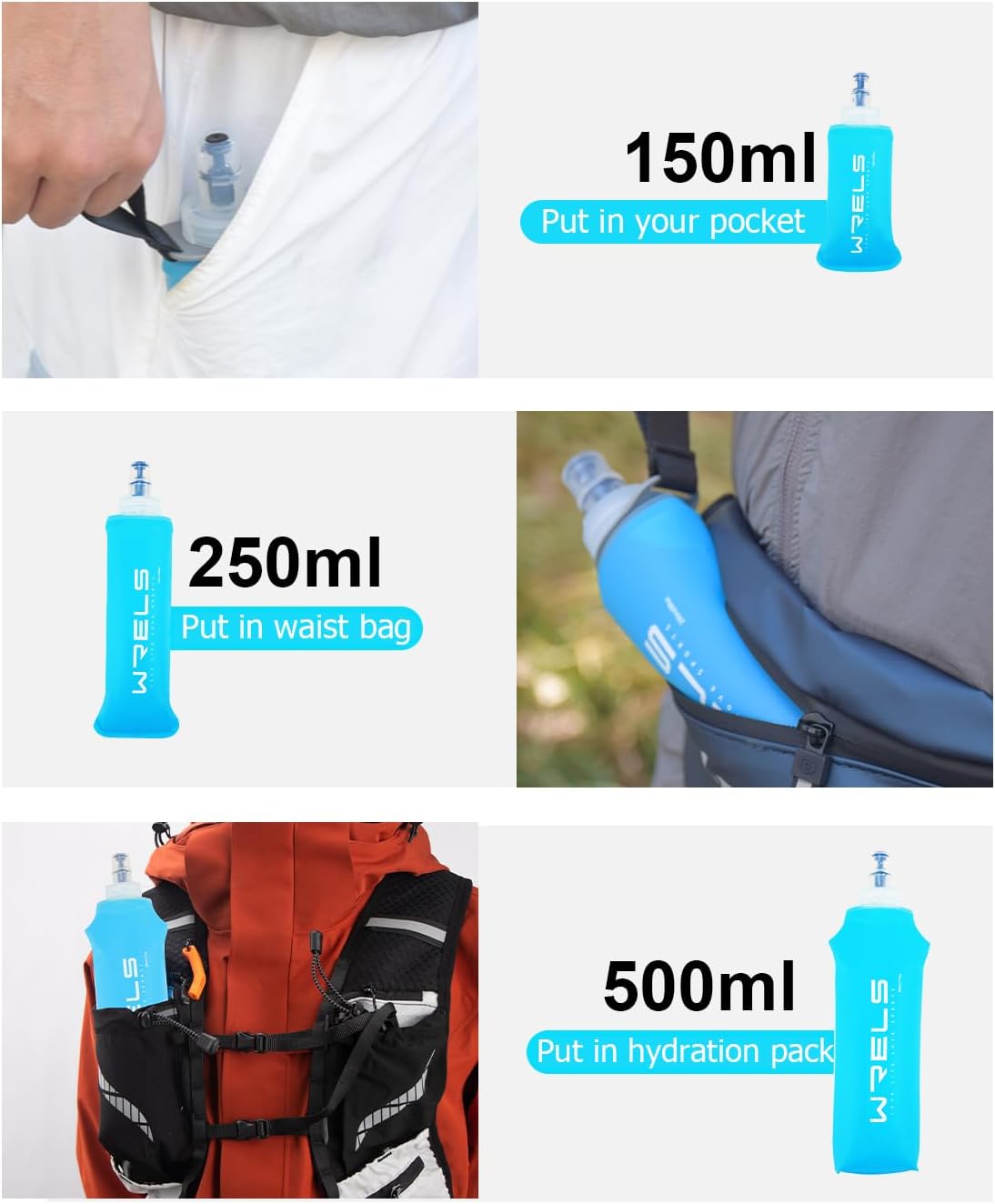 WRELS TPU Soft Flask Lightweight Portable Reusable Water Bottle,BPA Free Collapsible Flask for Hydration Pack in Running Hiking Cycling and Marathon