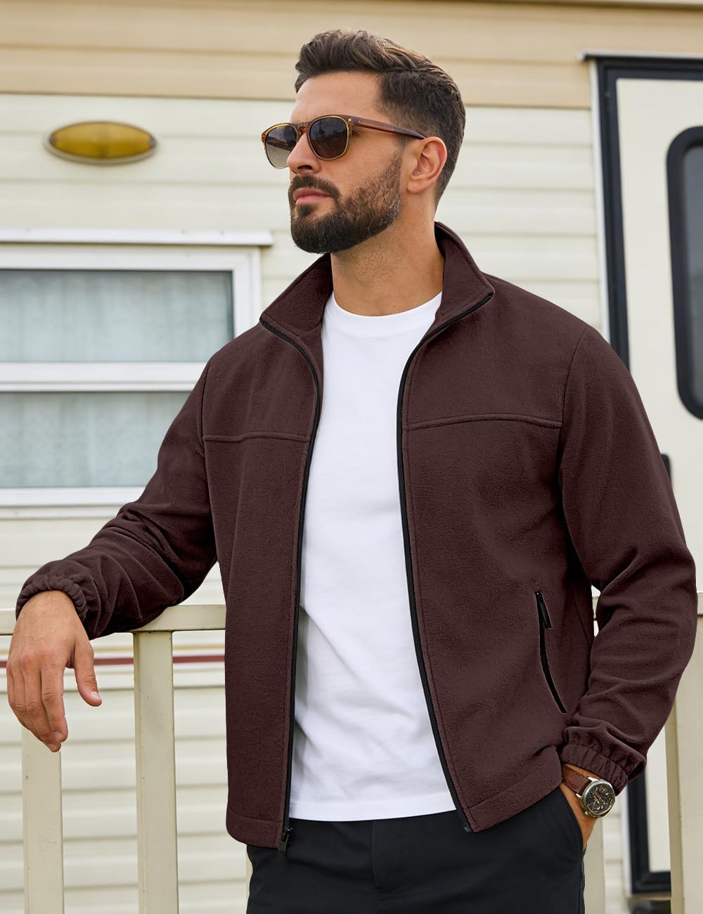 Mens Polar Fleece Jacket Full Zip Lightweight Casual Outdoor Jackets Stand Collar Warm Coats with Pockets