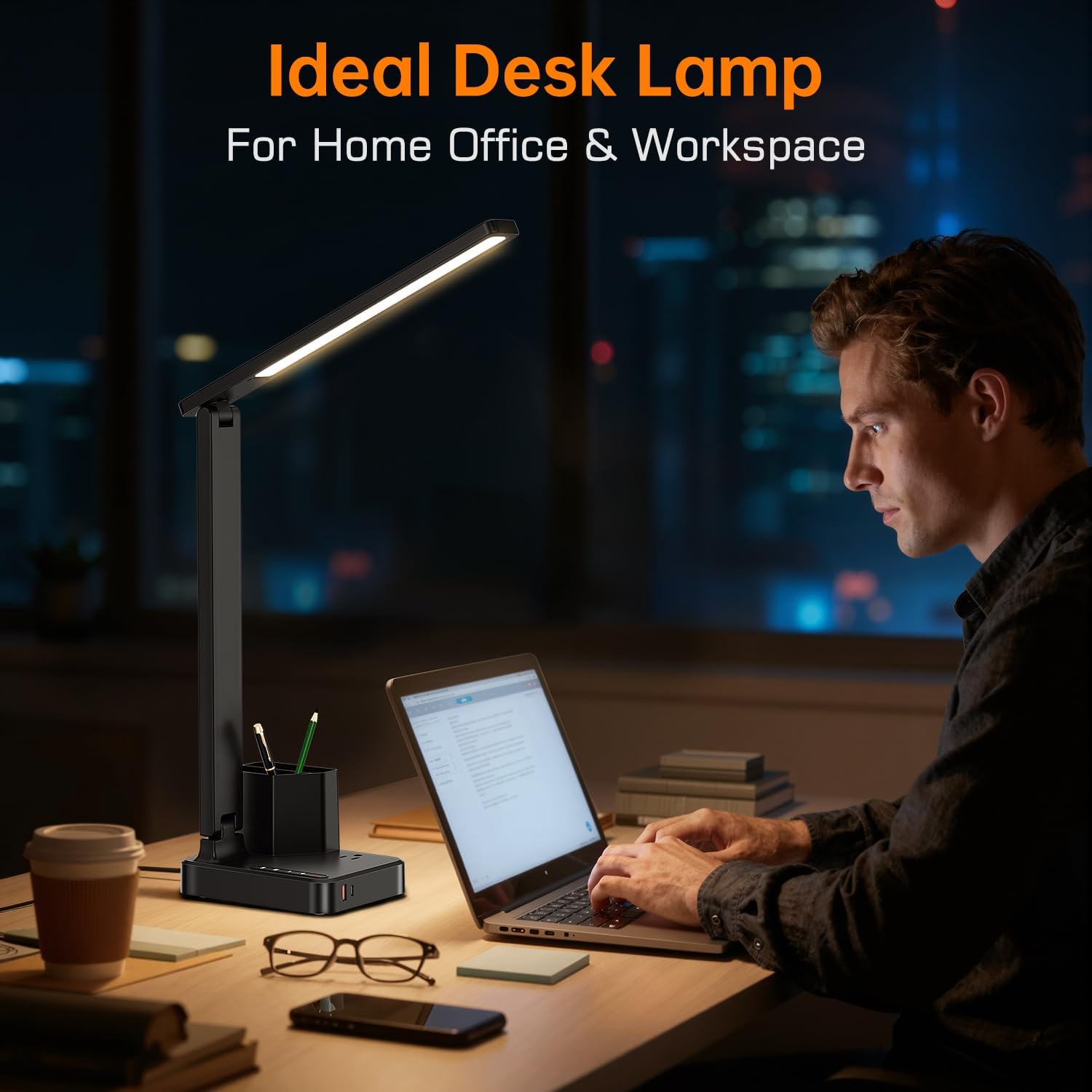 cozoo LED Desk Lamp USB A/C AC Pen Holder Dorm Home Office Desk Light Black