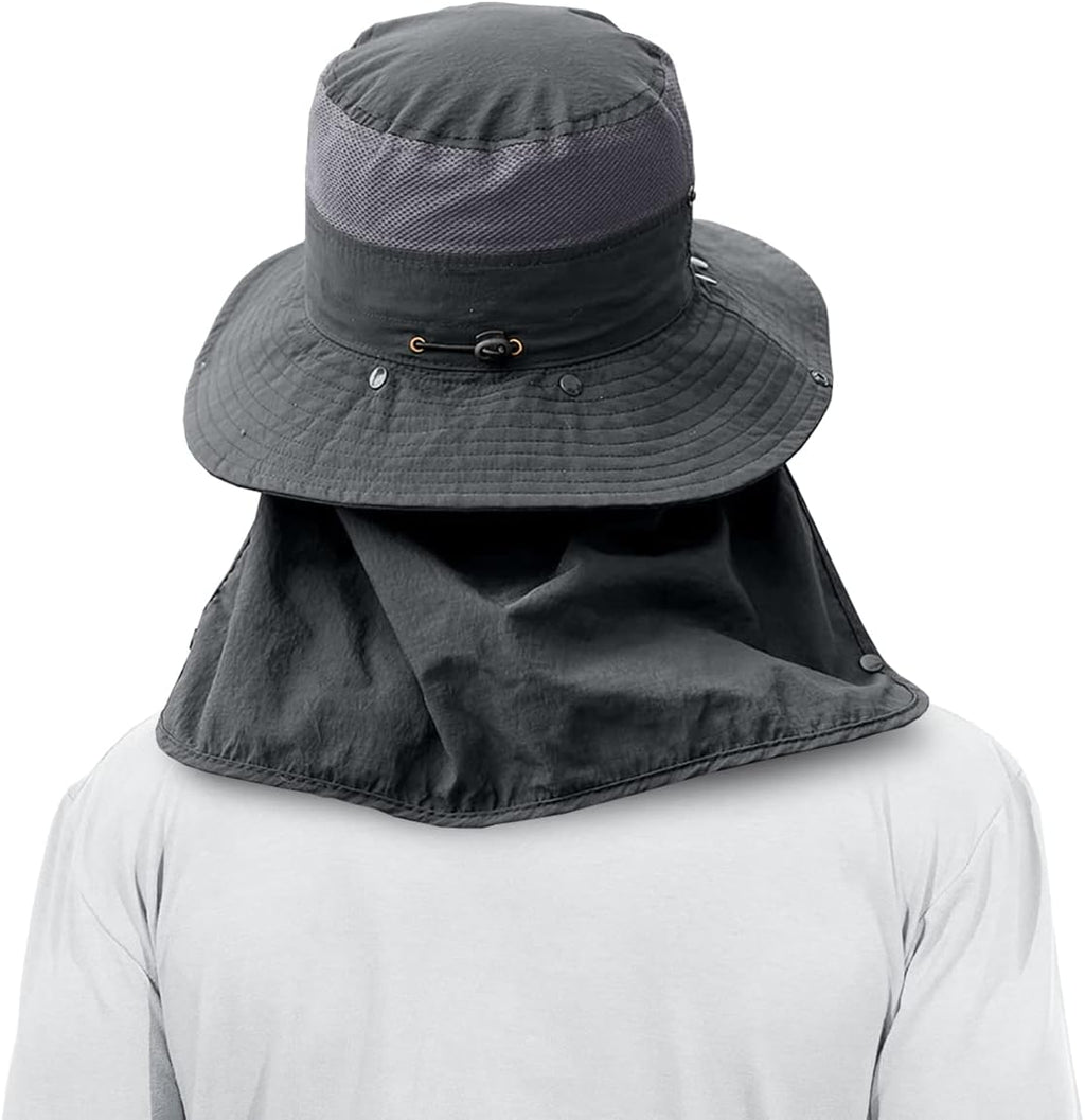 3 Pack Mens Outdoor Wide Brim Fishing Hat,UPF 50+ Sun Protection Cap with Face Neck Flap for Hiking & Garden