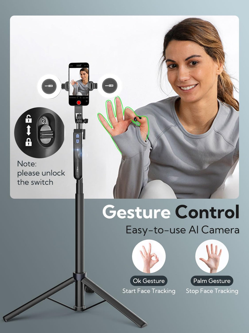 USKEYVISION 70.9" Auto Face Tracking Tripod 360° Rotation w/Light(UTK-02)