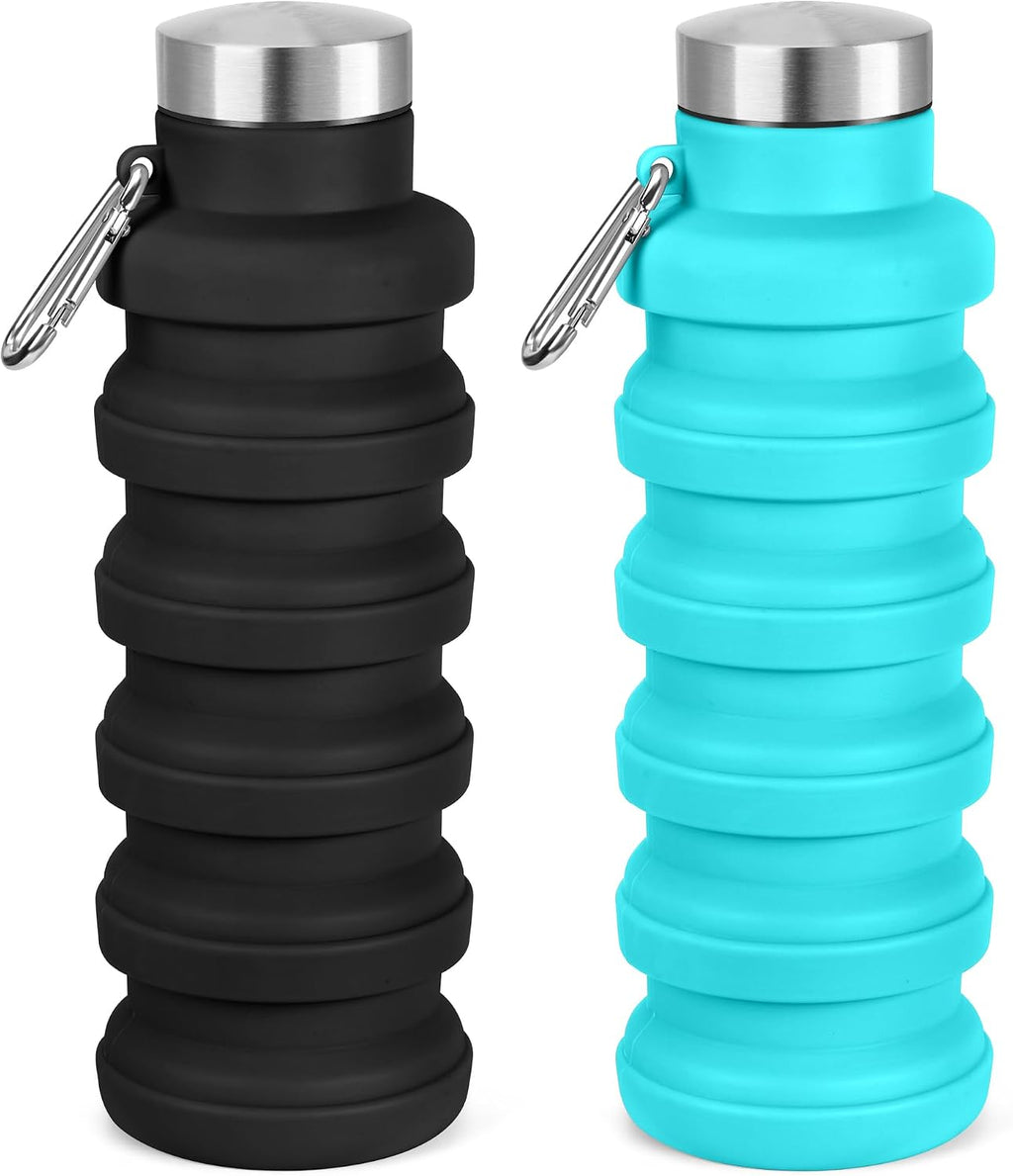 Collapsible Water Bottle, 16oz Portable Reusable Silicone Water Bottle with Carabiner for Gym, Travel, Camping, Hiking, Sports, Lightweight, BPA-Free, Leak-Proof, Foldable Design(Black+Blue)