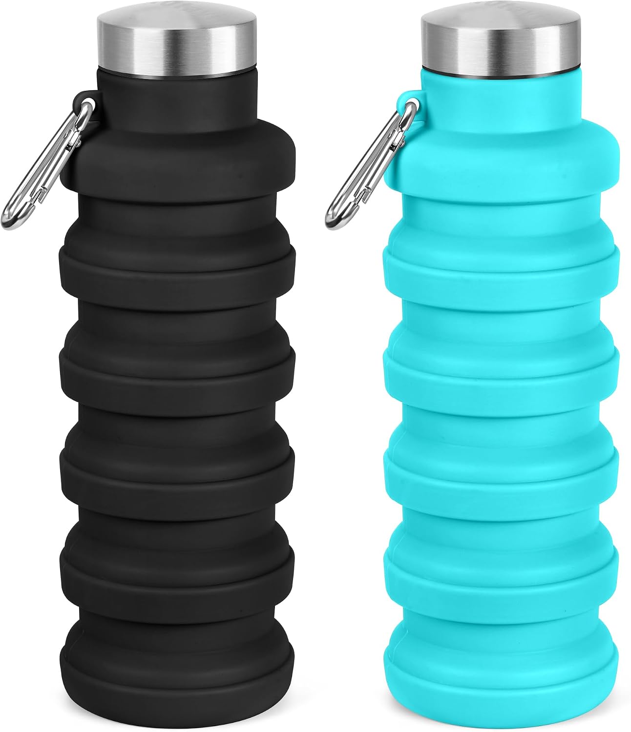 Collapsible Water Bottle, 16oz Portable Reusable Silicone Water Bottle with Carabiner for Gym, Travel, Camping, Hiking, Sports, Lightweight, BPA-Free, Leak-Proof, Foldable Design(Black+Blue)