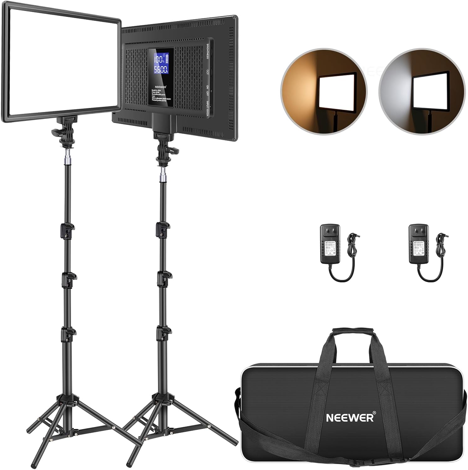 NEEWER 13" LED Video Light Panel Kit, 2 Pack Bi Color Dimmable with Tripod Stand, 4000mAh Battery, 3200K-5600K CRI97+, USB, for Studio/Streaming/YouTube, Black, NL-192AI