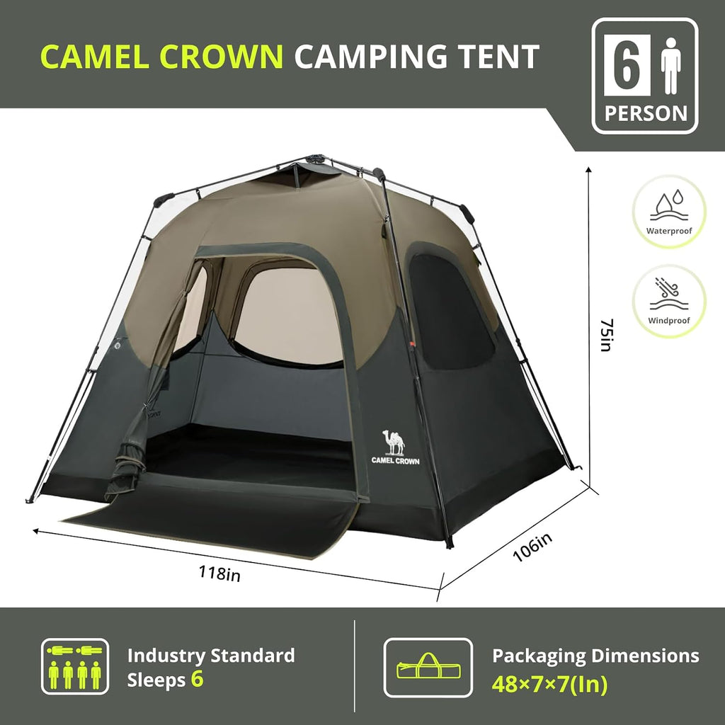 CAMEL CROWN 4/6 Person Instant Cabin Tent, Pop Up Windproof Tents for Camping, 60-Second Setup Family Tent with Carry Bag for Outdoor Hiking