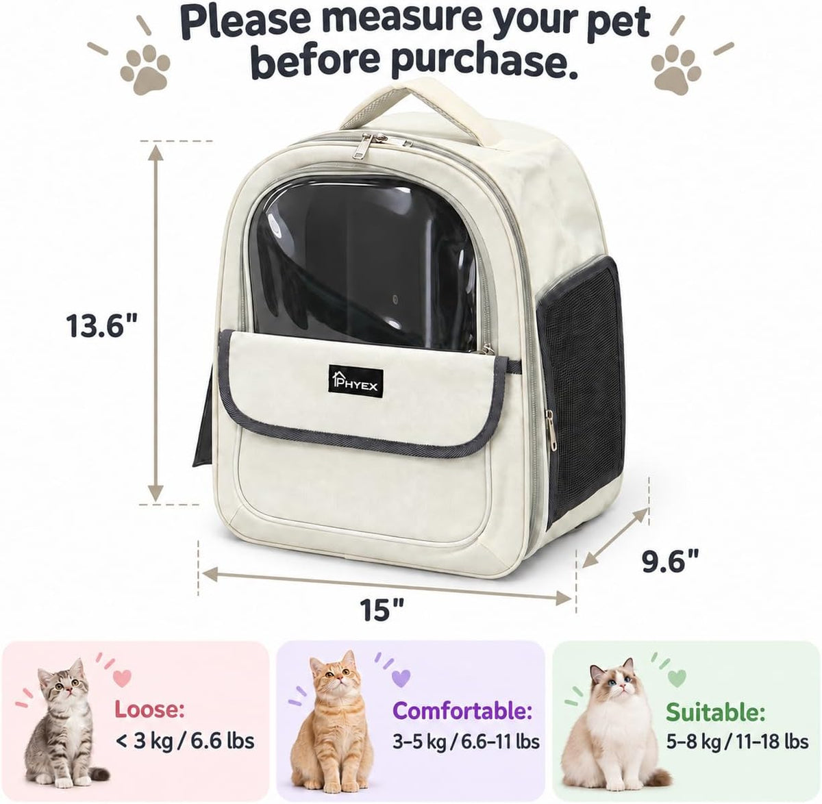 Cat Backpack Carrier 15" L x 9.6" W x 13.6" H, Off-White