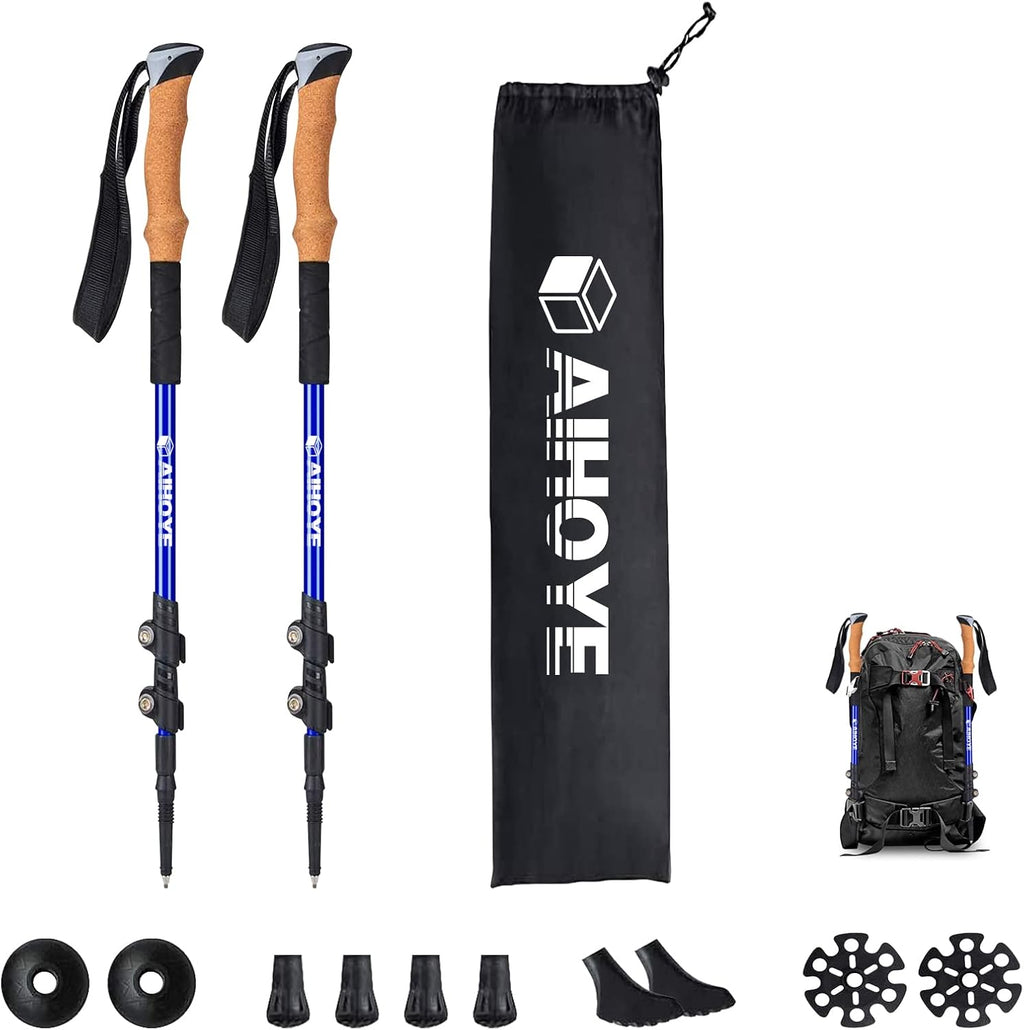 Aihoye Trekking Hiking Poles-2 Pack Lightweight Aluminum 7075 Walking Stick | Hiking Sticks with Quick Flip Lock, Comfortable Anti-Slip Cork Grips, Collapsible, Folded
