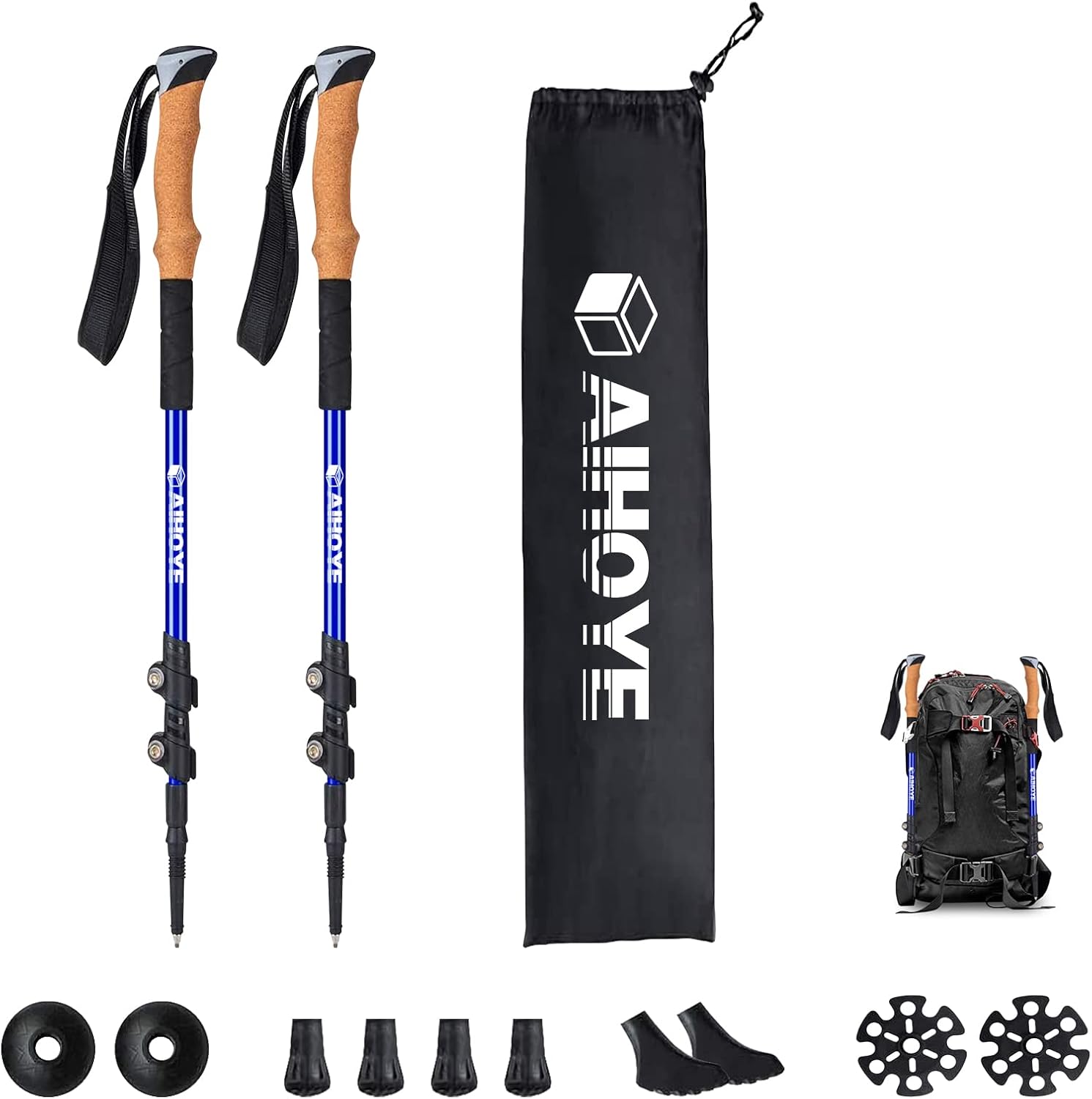 Aihoye Trekking Hiking Poles-2 Pack Lightweight Aluminum 7075 Walking Stick | Hiking Sticks with Quick Flip Lock, Comfortable Anti-Slip Cork Grips, Collapsible, Folded