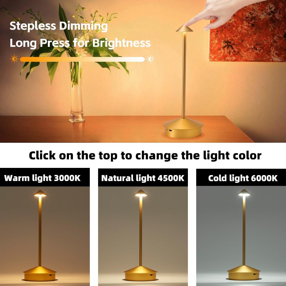 2 Pack Aluminum Cordless Table Lamp, 6000mAh Rechargeable Table Lamps, Portable Touch LED Lamp, Outdoor Waterproof Dimmable Cordless Rechargeable Table Lamps for Restaurant/Patio-(Gold)