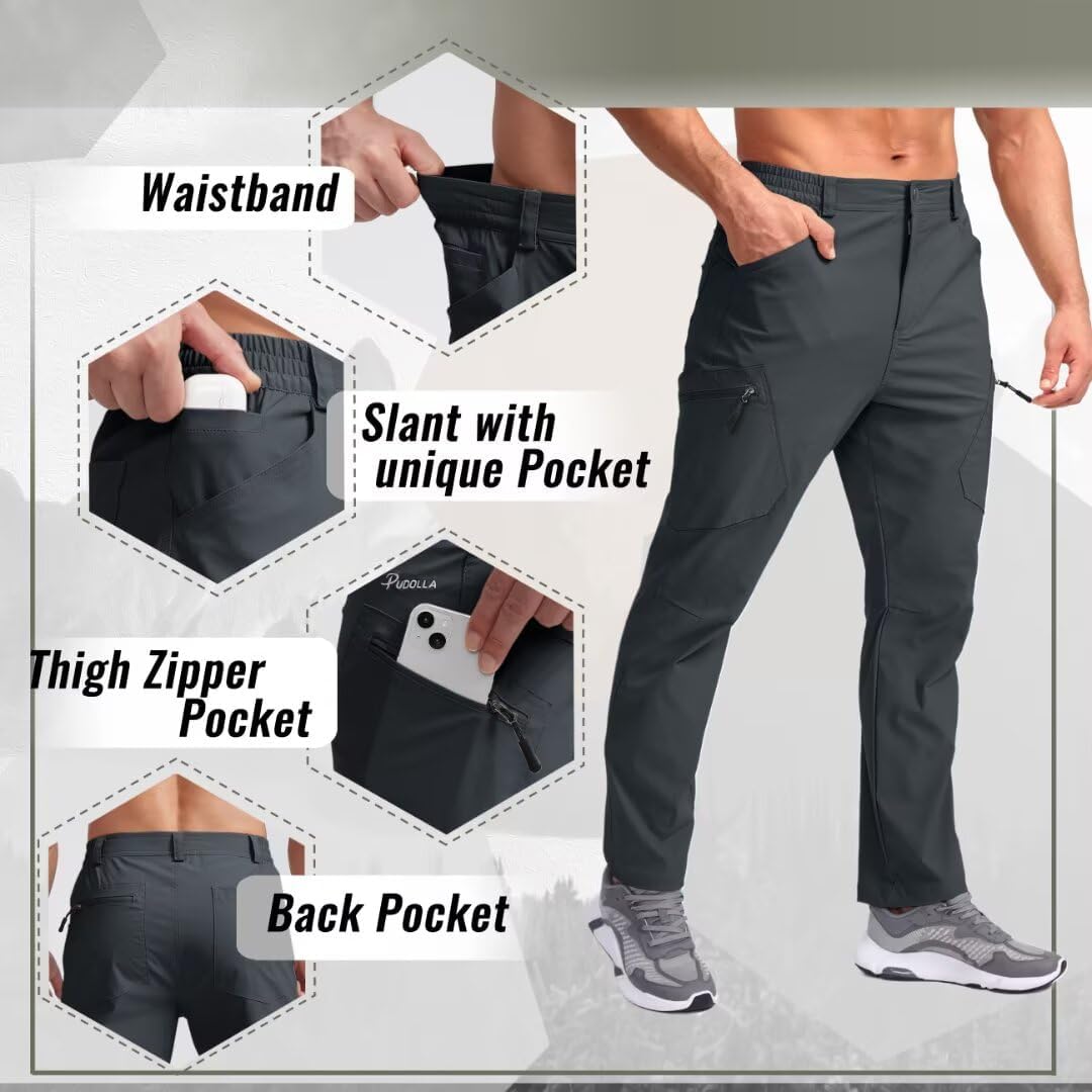 Pudolla Men's Lightweight Hiking Pants with 7 Pockets Quick Dry Water Resistant Fishing Travel Pants