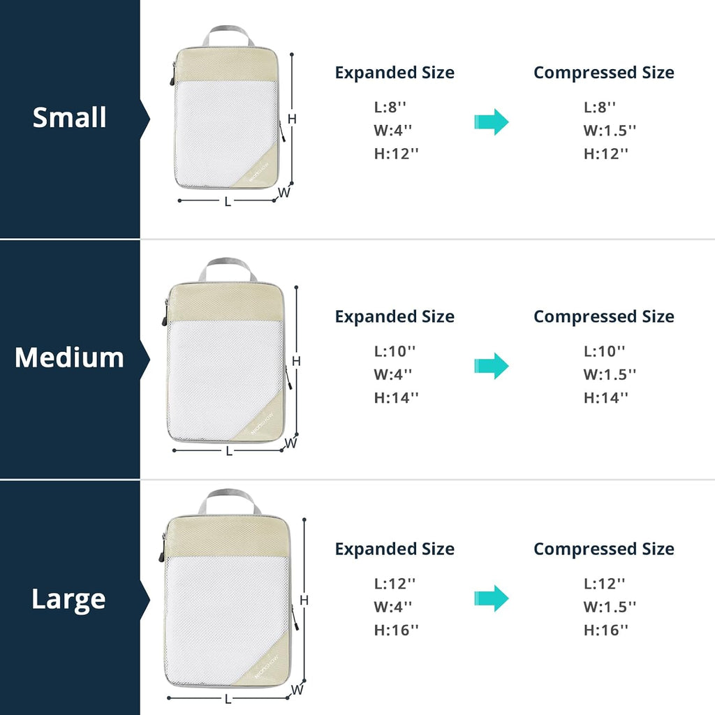 NICOSHOW Compression Packing Cubes 6 Set, Compressible Space-Saving Packing Cubes for Travel - Compression Bags, Luggage Organizer, Travel Essentials for Women, Beige