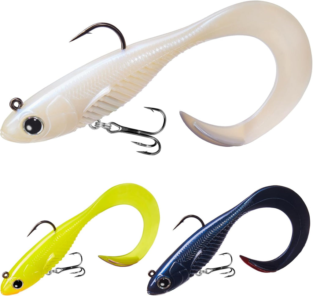 TRUSCEND Shadtale Easy Catch Soft Fishing Lures with BKK Hooks - Trembly Sinking and Vibrating Swim for More Bites, Pre-Rigged Swimbaits for Bass, Trout, Crappie, Walleye, Freshwater Saltwater Fishing