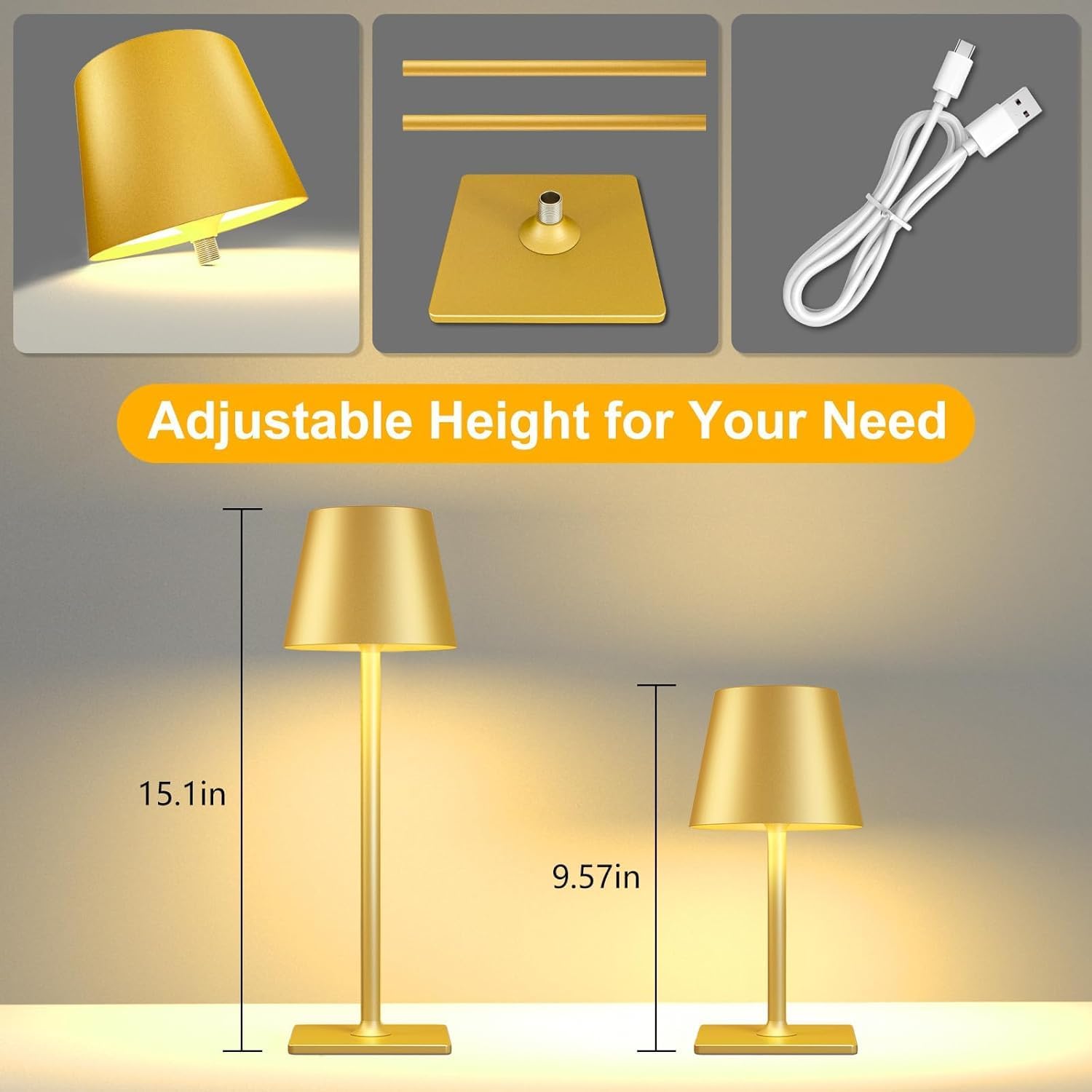 Yogaret Gold Rechargeable Cordless Table Lamp, Battery Operated, 2 Pack