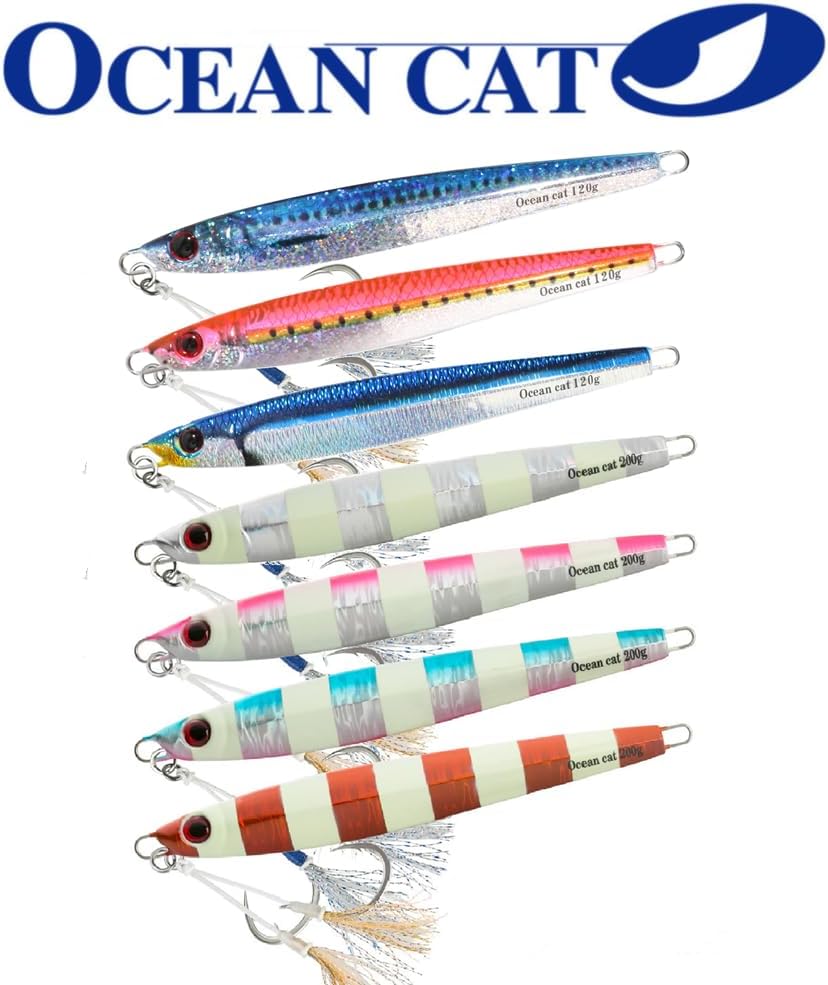 OCEAN CAT 1 PC Slow Fall Pitch Fishing Lures Sinking Lead Metal Flat Jigs Jigging Baits with Hook for Saltwater Fishing 4 Colors 160G/200G