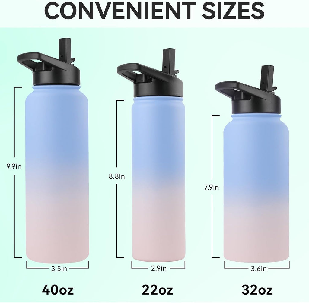 DOMICARE Insulated Water Bottle, 22 oz Vacuum Insulated Stainless Steel Reusable Sports Bottle with Straw Lid & Spout Lid for Travel, Camping, Bike, Leakproof, Blue/Pink, 4 Pack