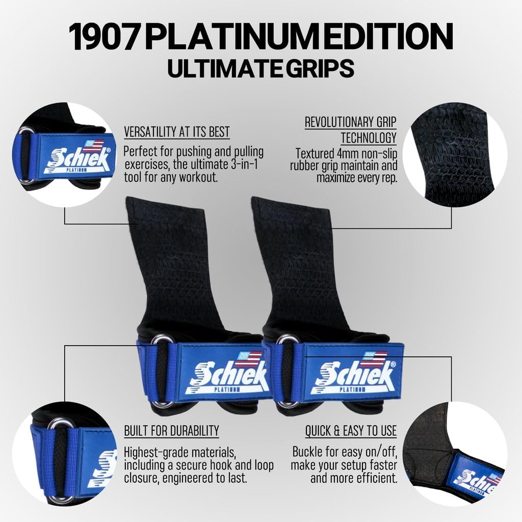 Schiek Sports Model 1907 Platinum Edition Ultimate Grips - 3 in 1 Weight Lifting Straps Wrist Wraps and Grip Pads