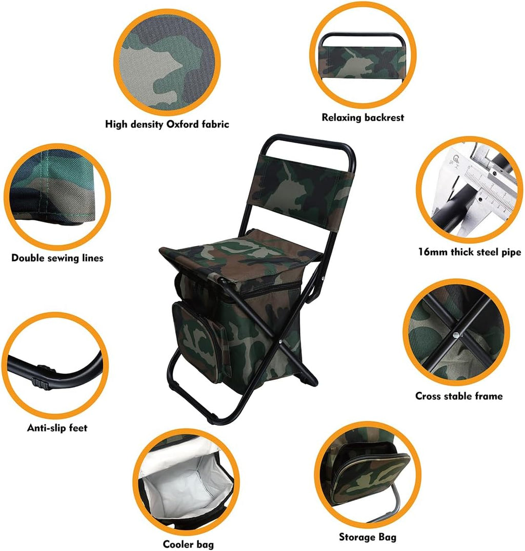 LEADALLWAY Fishing Chair with Cooler Bag Compact Fishing Stool Foldable Small Hunting Chair 12.2" Seat Depth,12.6" Seat Width