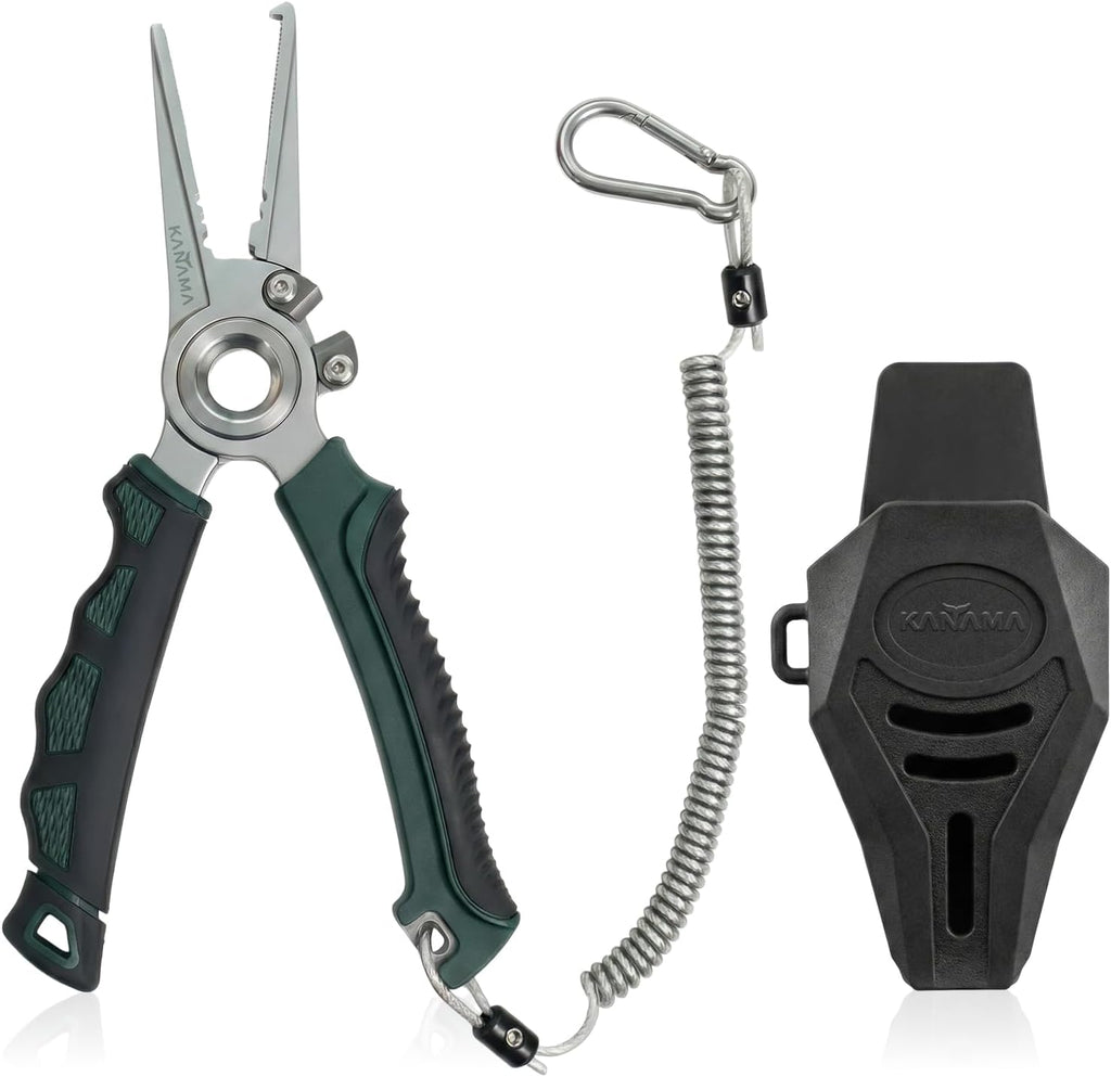 KANAMA 17-4 Stainless Steel Fishing Pliers, 7.5 Inch Rust Saltwater Fishing Pliers with Split Ring, Fish Hook Remover with Tungsten Carbide Braid Cutters, Non-Slip Handles Fishing Gifts for Men