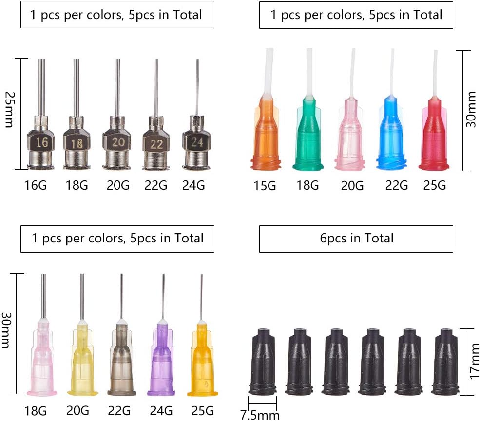 BENECREAT 6 Packs 1oz DIY Precision Tip Applicator Bottles 15PCS Stainless Steel PP Blunt Needle Tips, 6PCS Stoppers, 2PCS Syringe for Quiling Glue Work