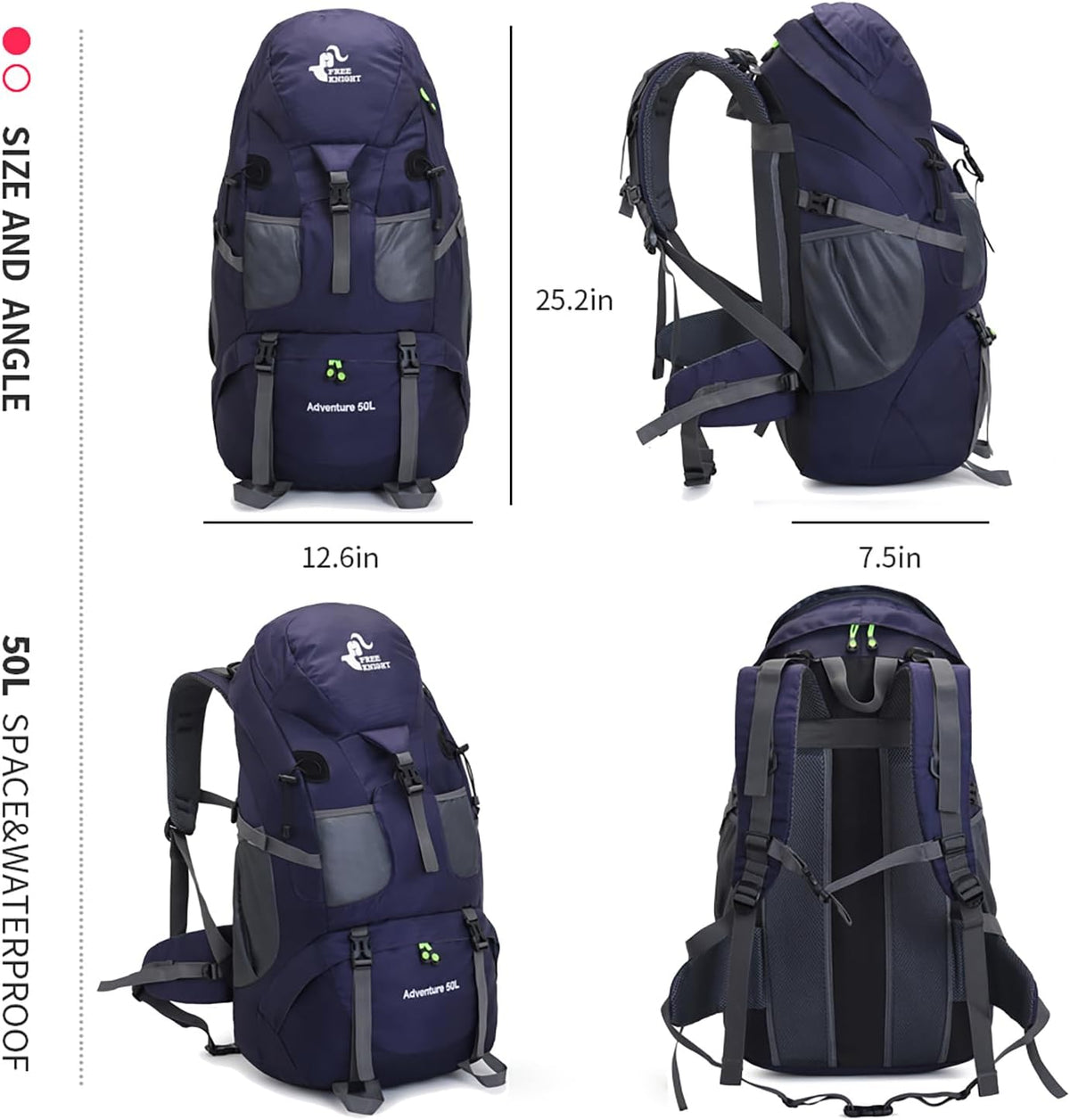 Bseash 50L Hiking Backpack, Water Resistant Lightweight Outdoor Sport Daypack Travel Bag for Camping Climbing Skiing Cycling (Dark Purple - With Shoe Compartment)