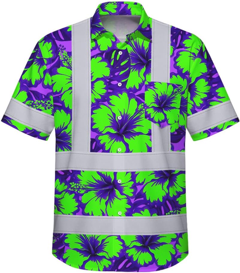 High Visibility Hawaiian Shirt for Men Tropical Shirts Custom Name Floral Outfit Reflective Safety Workwear