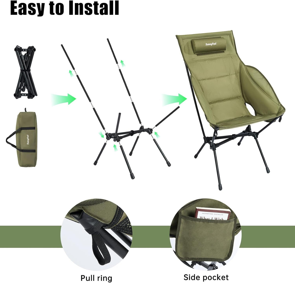 SUNNYFEEL Oversized High Back Padded Camping Chair, Portable Folding Outdoor Chair, Sturdy Camping Chair, Ultralight Compact Chair for Camping, Beach, Festival, Travel, Patio (Army Green)