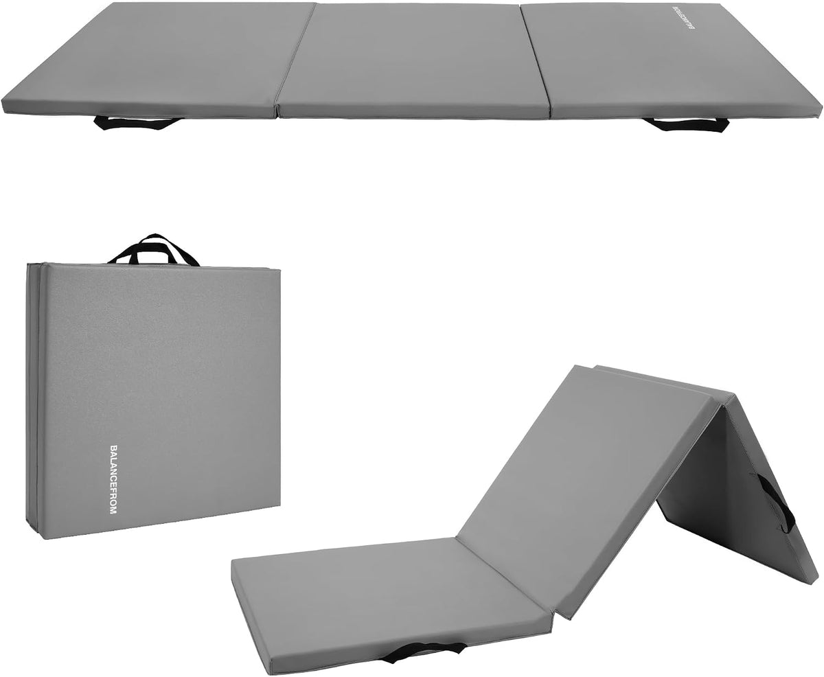 BalanceFrom 6x2 Feet 3-Panel Folding Gymnastics Mat – 1.5-Inch Thick Pad with Vinyl Surface and Carrying Handles for Tumbling, Yoga, Pilates, Home Workouts, and Martial Arts
