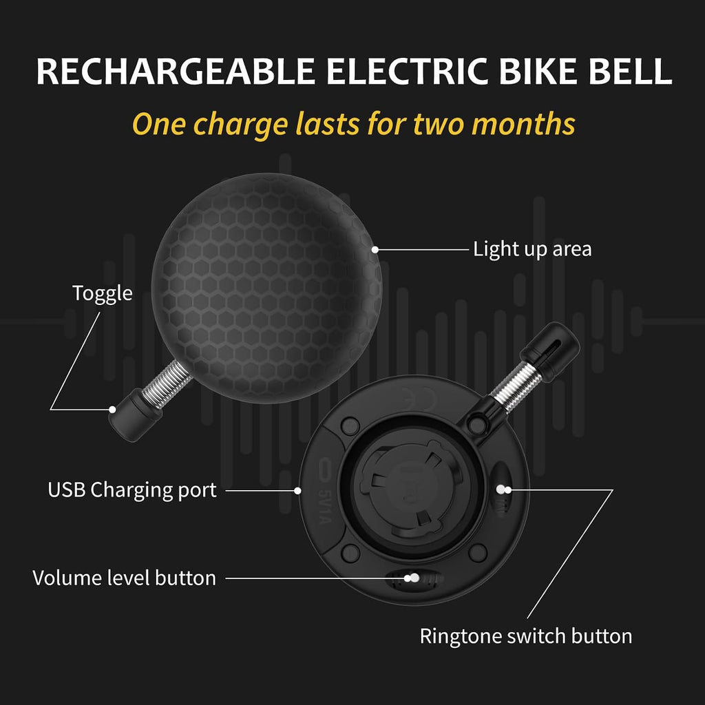 Electric Bike Ring Bell - Loud Bicycle Horn for Adult Bikes 5 Sounds 100dB - Classic Bicycle Bells for Road Bike- Rechargeable & Water Resistant, Light Up Bike Bell for Kids & Adults (Black)