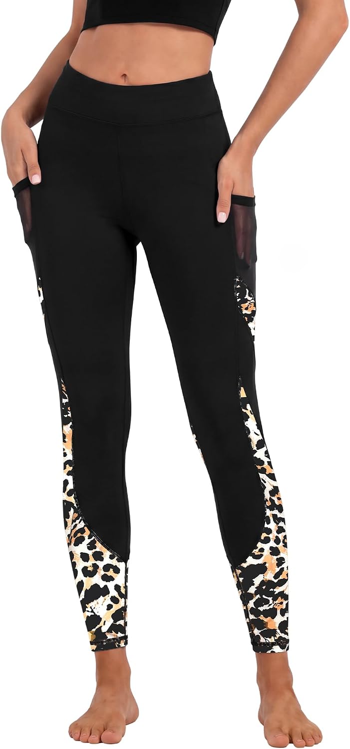 Women's High Waisted Yoga Leggings - Leopard Block Print Phone Pockets Tummy Control Workout Casual Pants