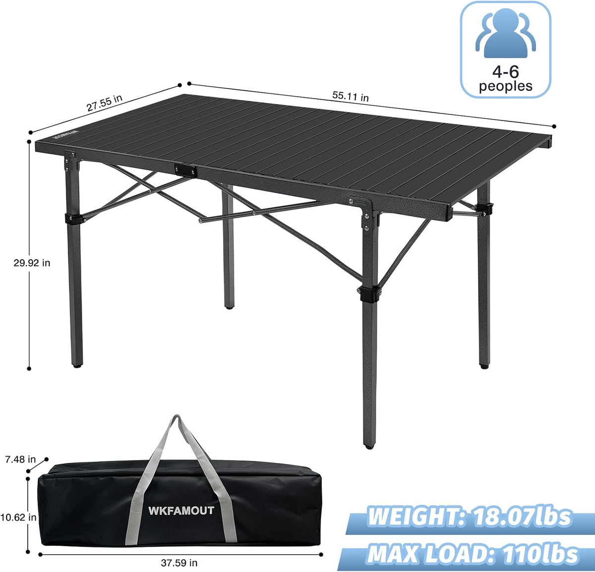 29.9" Tall Folding Camping Table for 2-6 Person, 54.7" Large Aluminum Foldable Roll-up Table Outdoor with Carry Bag for Picnic, Camp, Sturdy, Backyard, Patio
