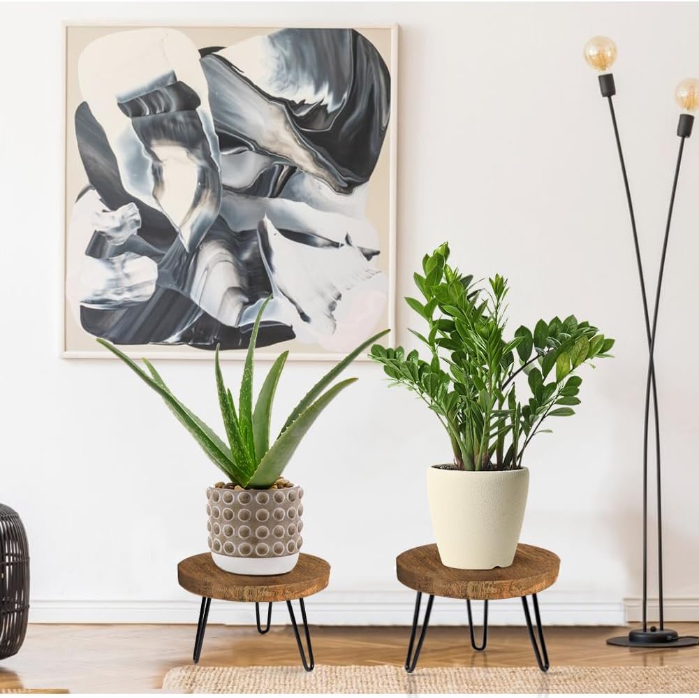 OBTAIN Plant Stand Indoor Outdoor, Wooden plant Stool, Mid Century Plant Stand for Indoor Plants, Wood Modern Plant Holder Rattan Flower, Low Short Boho Rustic Planter Stand Fit 5-15 Inch Pot(M)