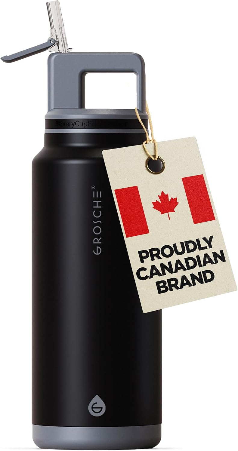 GROSCHE Alpine Flip N Sip Insulated Bottle Straw Lid, Graphite Black, 40 oz