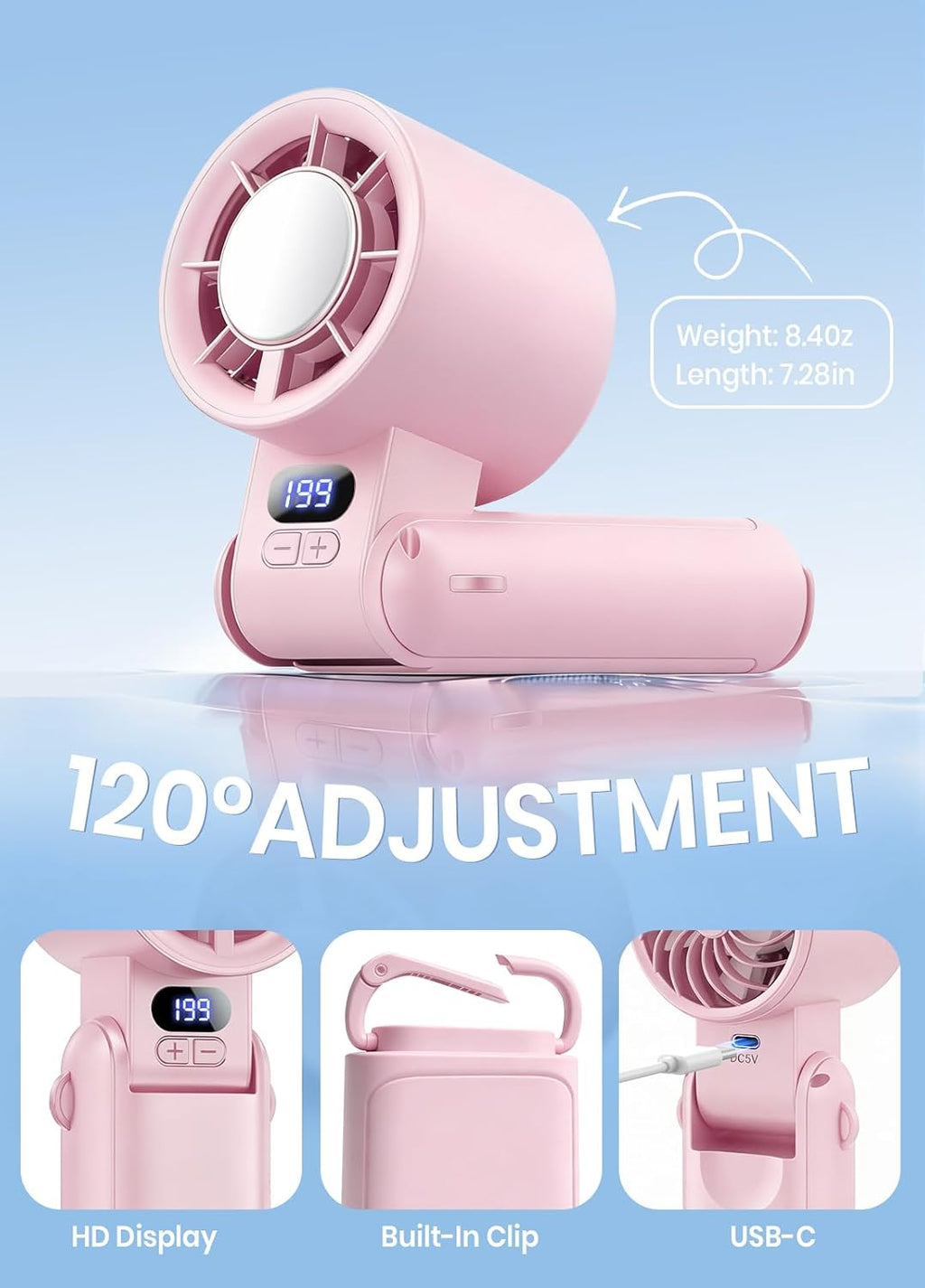 Portable Handheld Turbo Fan, 1-199 Speed Adjustable, Pink
