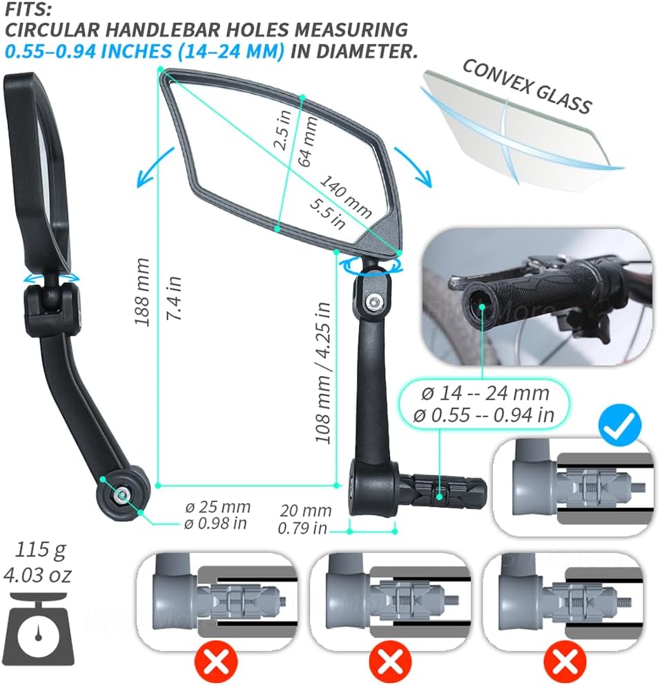 BriskMore Handlebar Bike Mirror - HD Blast-Resistant, Adjustable Rotatable Rearview Mirror for Left Side Bicycle