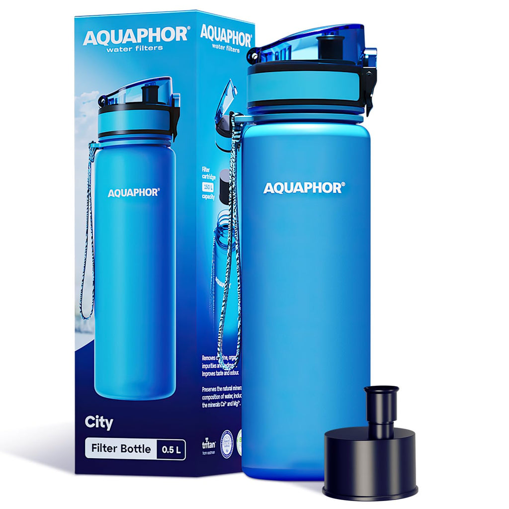 AQUAPHOR City Water Filter Bottle 17 oz | Reusable & Portable Filtered Water Bottle | BPA-Free | Perfect for Camping, Travel, Indoor & Outdoor Use | Blue