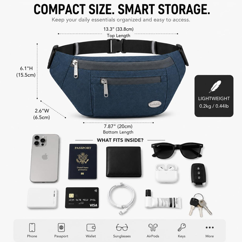 Entchin Water-Resistant Fanny Pack, 4-Zipper Belt Bag