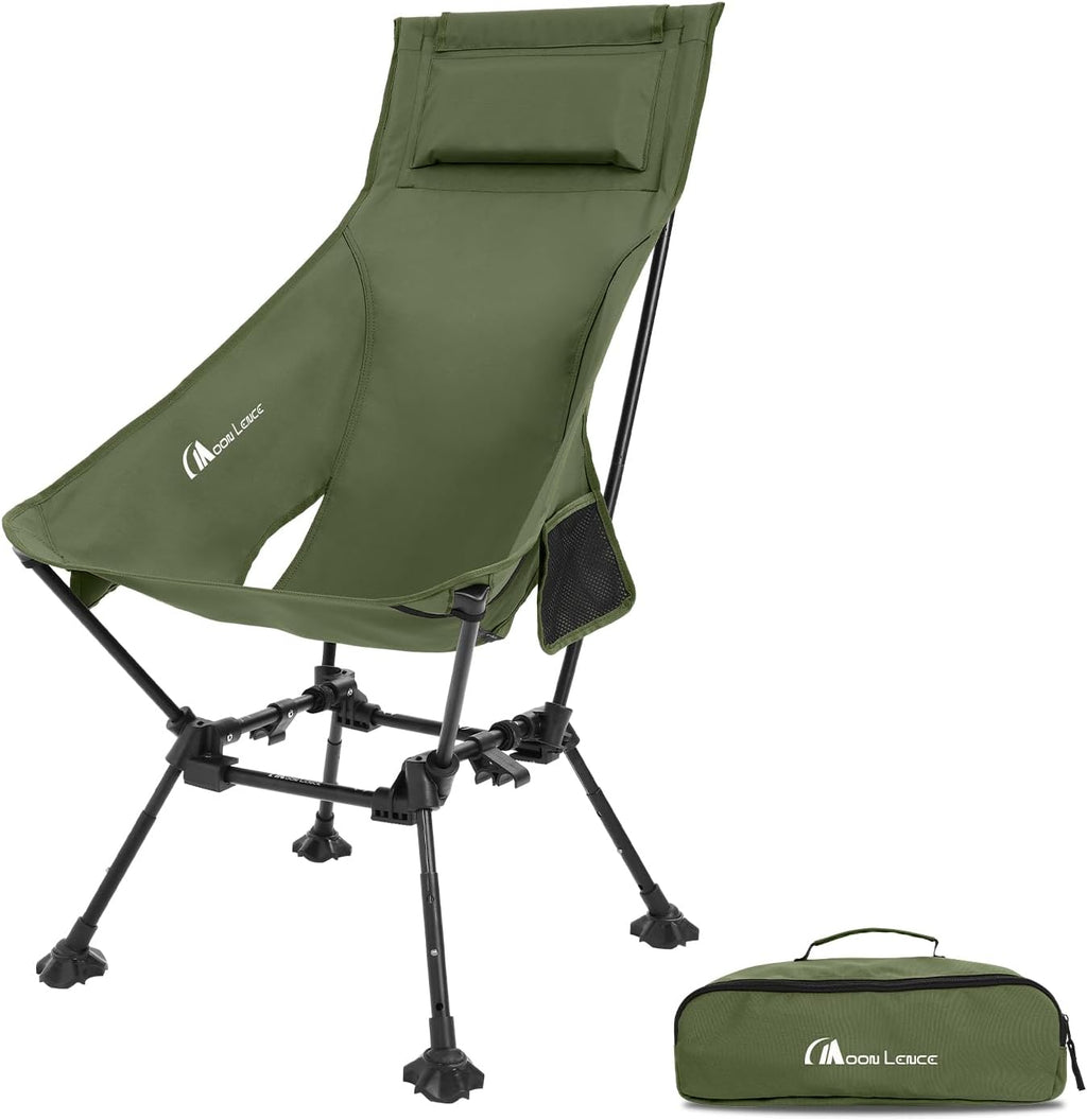 MOON LENCE High Back Folding Camping Chairs, Height-Adjustable, Widened Seat, for Beach with Anti-Sinking Feet (Green)
