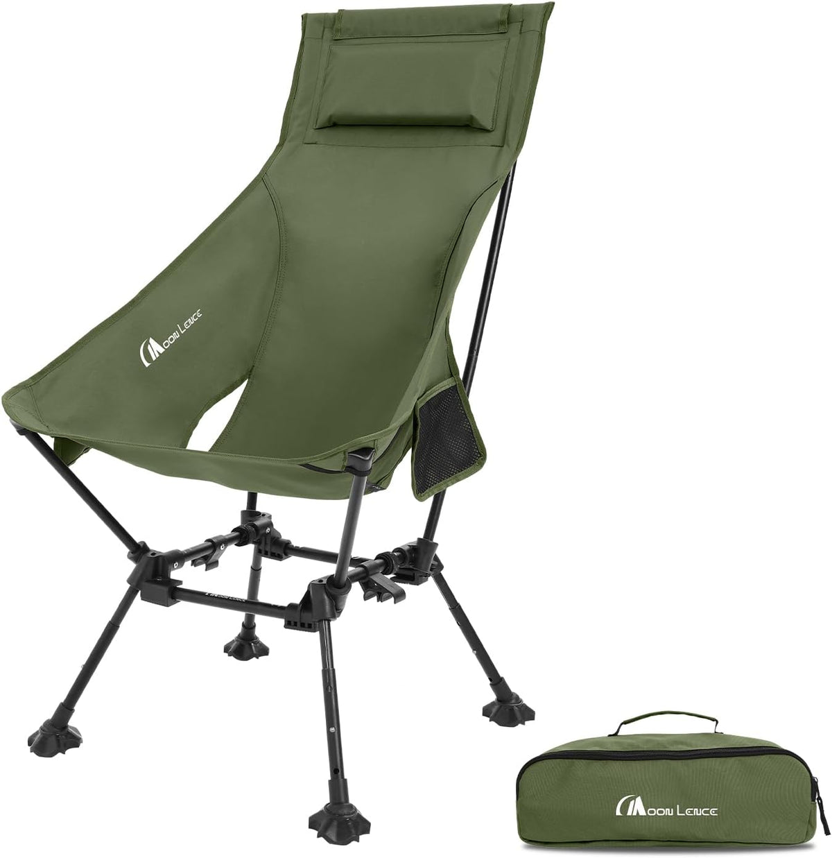 MOON LENCE High Back Folding Camping Chairs, Height-Adjustable, Widened Seat, for Beach with Anti-Sinking Feet (Green)